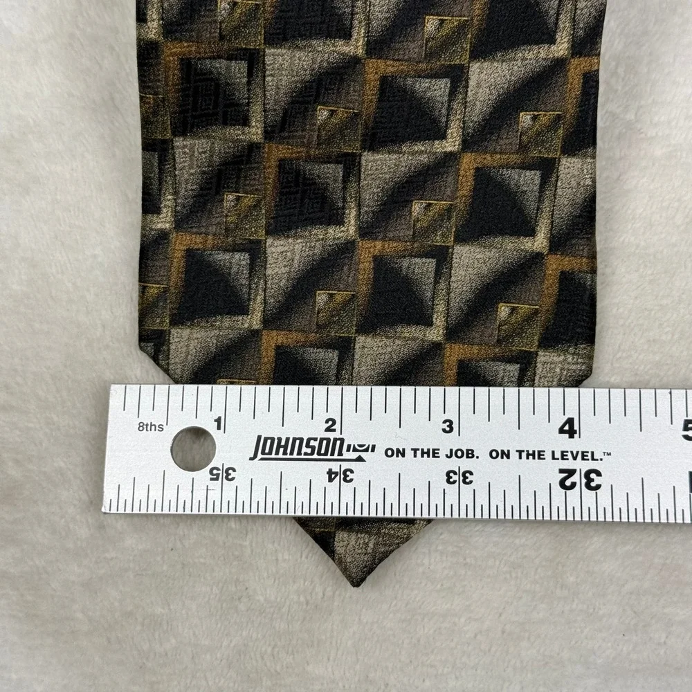 Pierre Cardin Mens Silk Tie Black Gold Silver Geometric Square Pattern Necktie